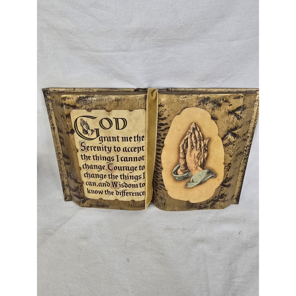 Vtg Christian Gold Decoupage Book Praying Hands God Grant Me Serenity Prayer EUC